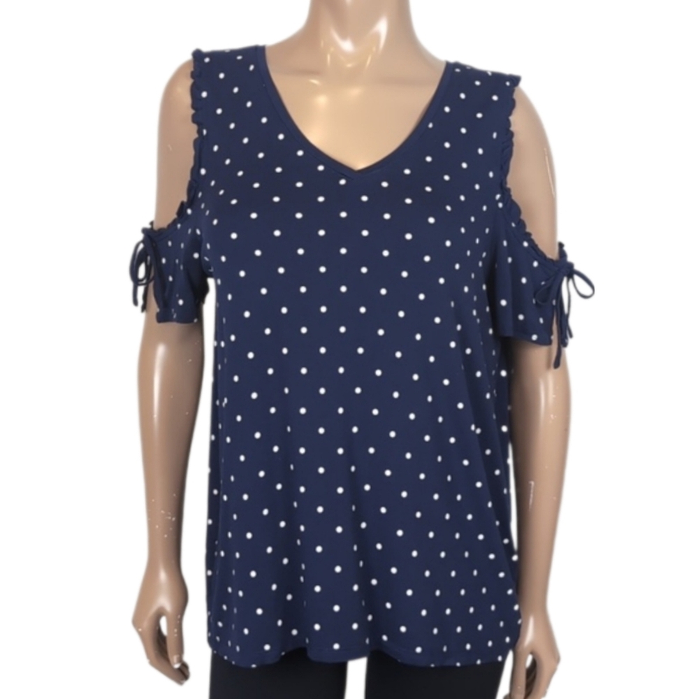 💠 REITMANS Cold Shoulder Polka Dot Top Ruffle Short Sleeve Vneck Navy Blouse - Picture 1 of 9